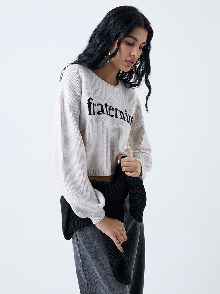 Nuon Light Beige Text Embroidered Sweater