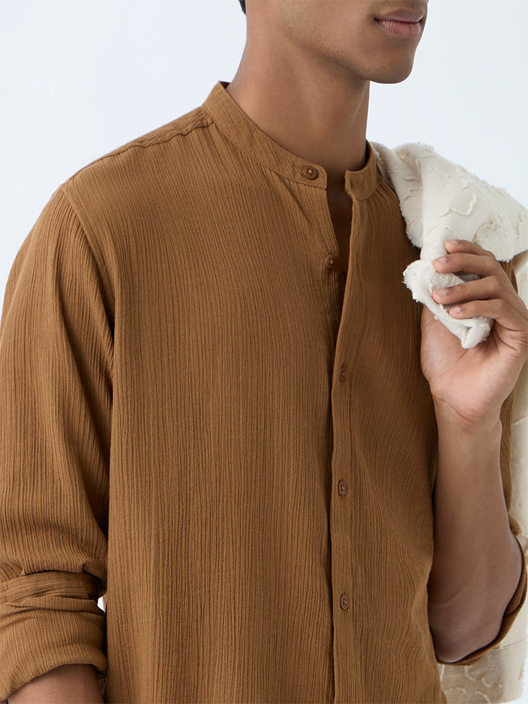 ETA Brown Crinkle-Textured Relaxed-Fit Cotton Shirt