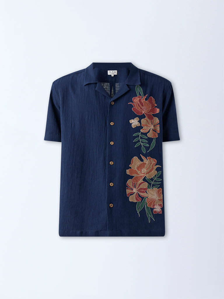 ETA Navy Floral Embroidered Relaxed-Fit Cotton Shirt