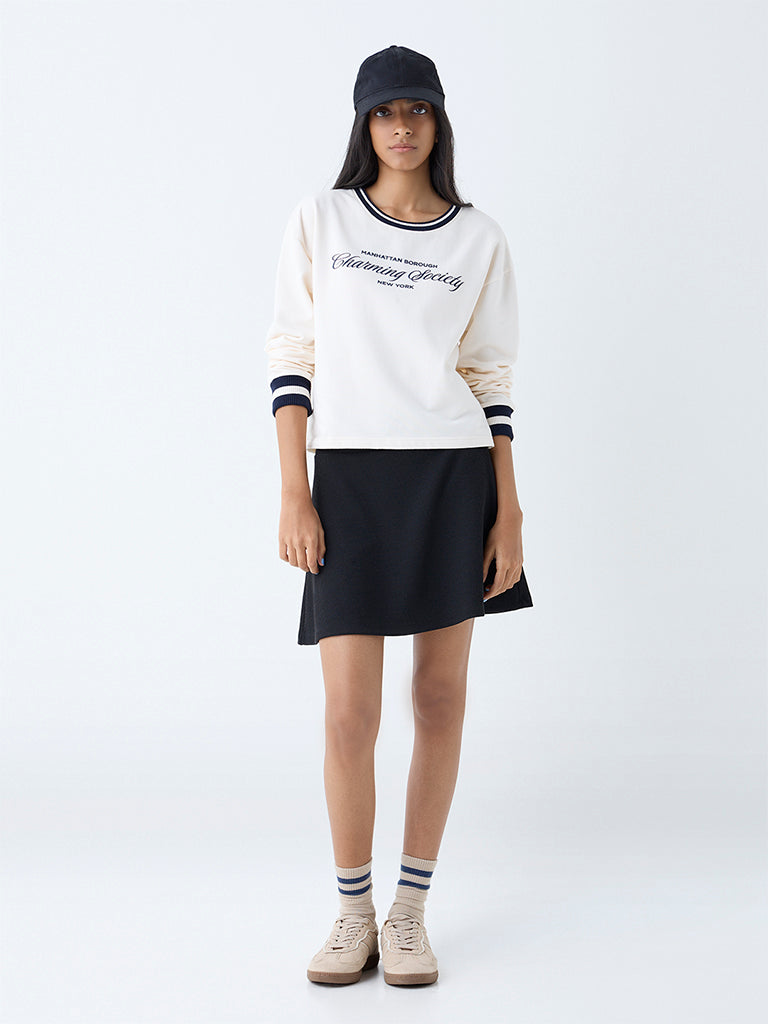 Westside Studiofit Women's Cream Text Detailed Cotton Sweatshirt for Winter Wear Full View