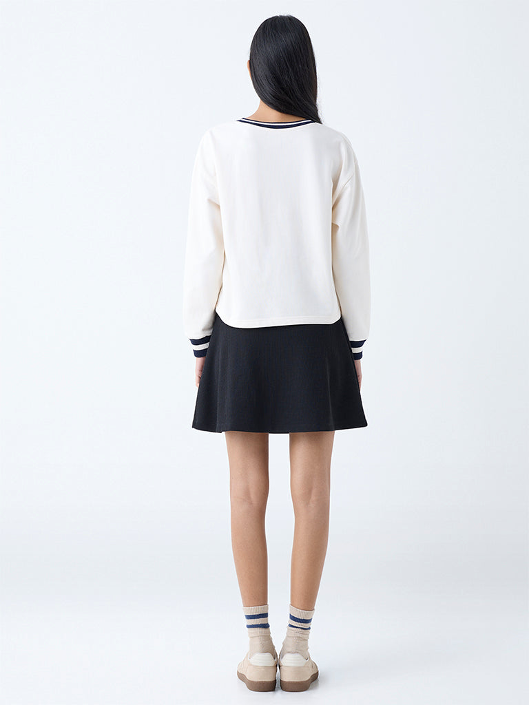 Westside Studiofit Women's Cream Text Detailed Cotton Sweatshirt for Winter Wear Back View