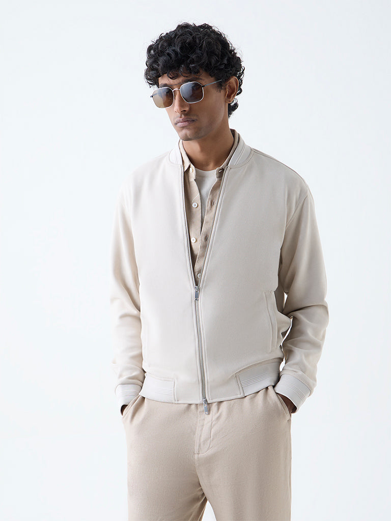 Westside Ascot Men's Off-White Solid Relaxed-Fit Suede Jacket for Casual Wear Front view