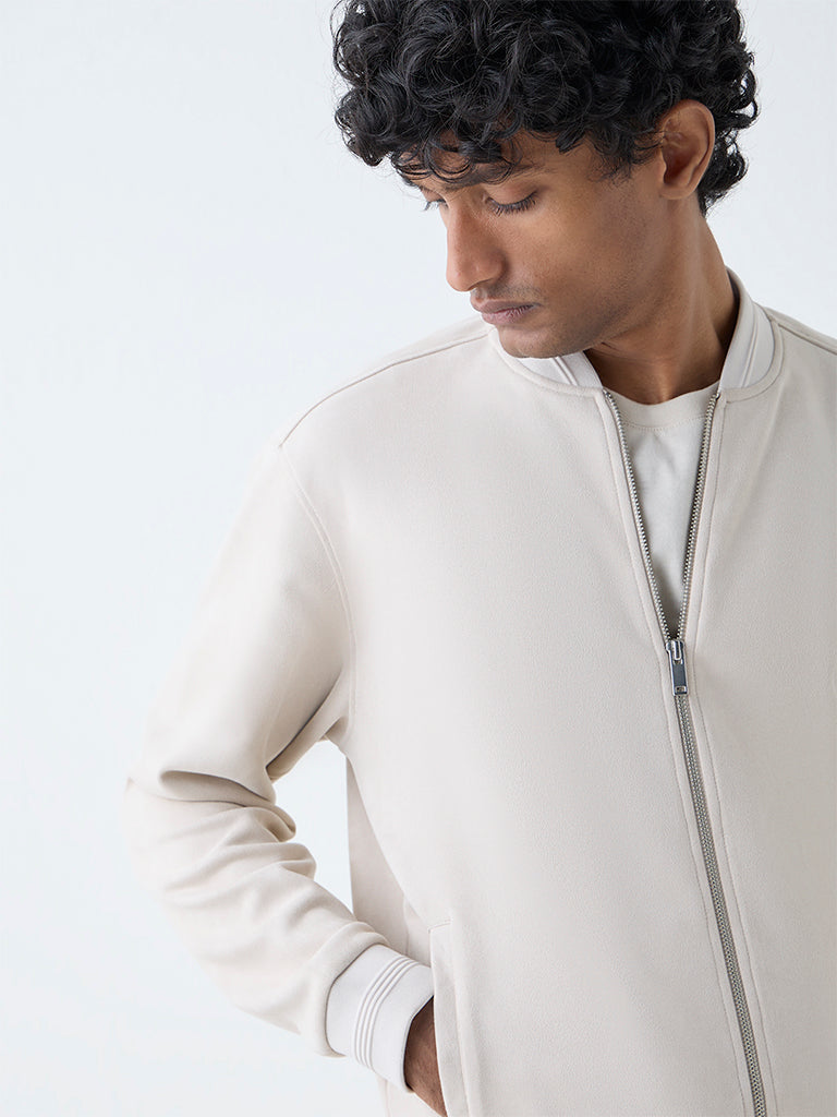 Westside Ascot Men's Off-White Solid Relaxed-Fit Suede Jacket for Casual Wear Zoomed View