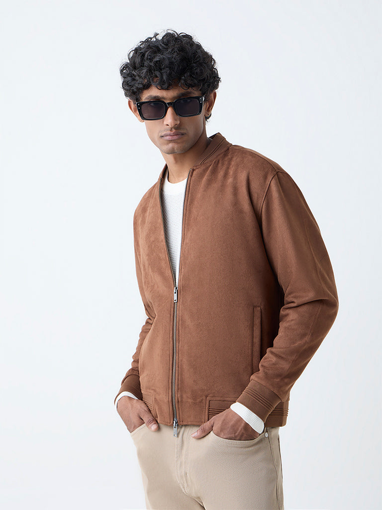 Westside Ascot Men's Tan Solid Relaxed-Fit Suede Jacket for Casual Wear Front view