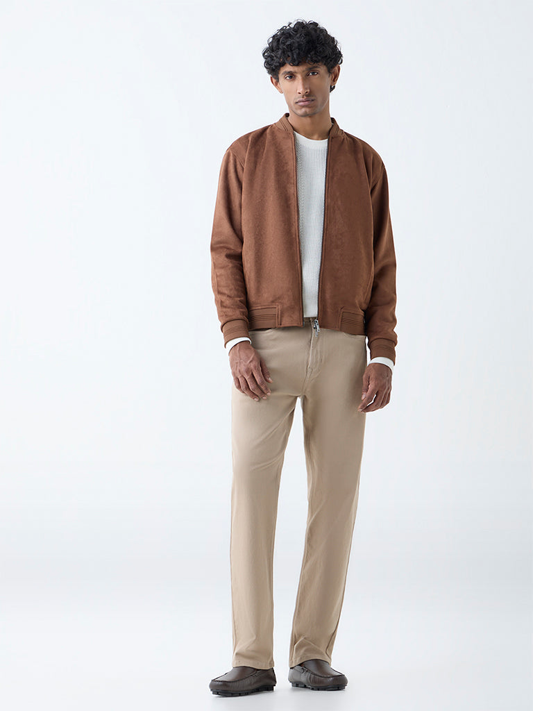 Westside Ascot Men's Tan Solid Relaxed-Fit Suede Jacket for Casual Wear Full View
