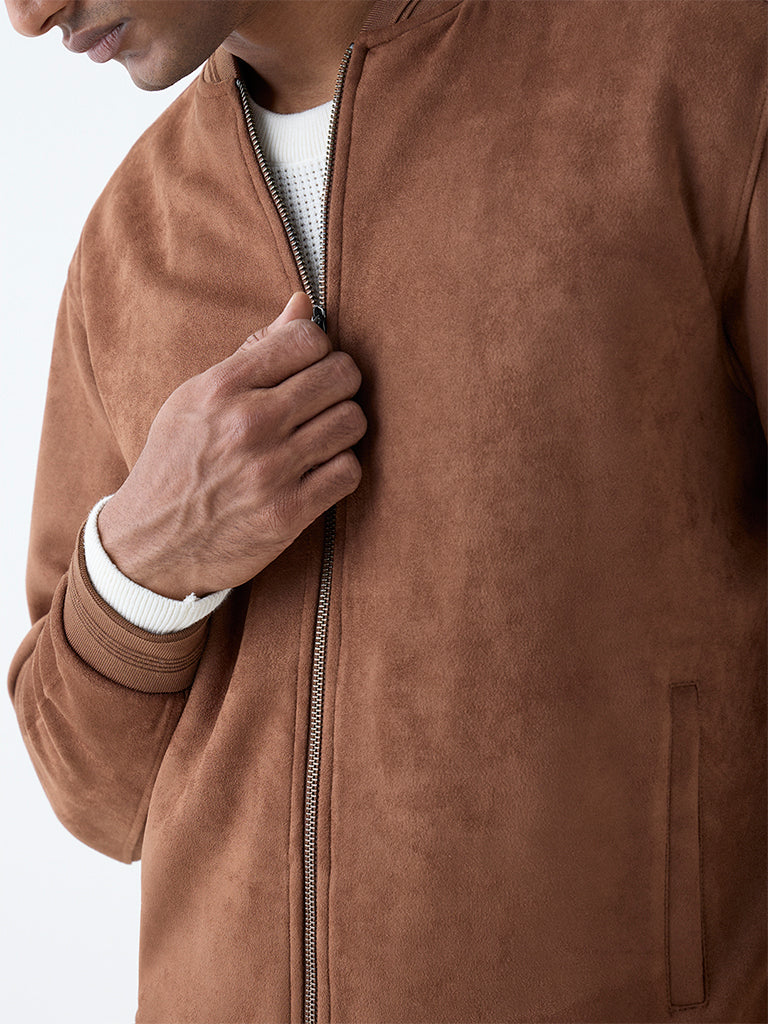 Westside Ascot Men's Tan Solid Relaxed-Fit Suede Jacket for Casual Wear Zoomed View