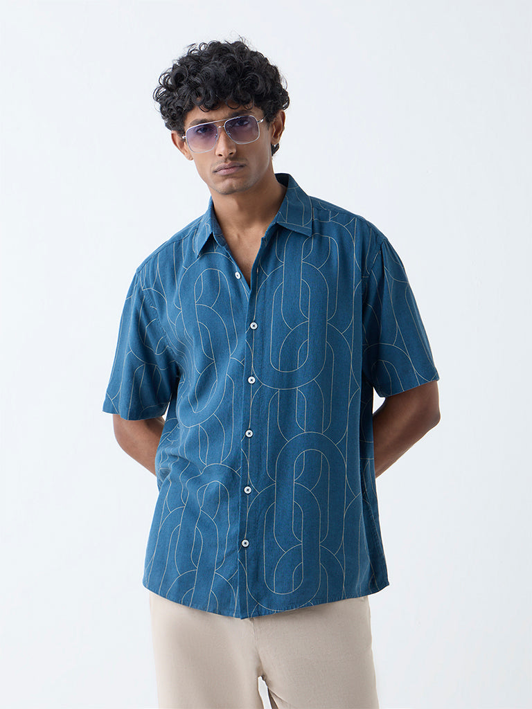 Westside Ascot Men's Teal Abstract Design Relaxed-Fit Shirt for Casual Wear Front view