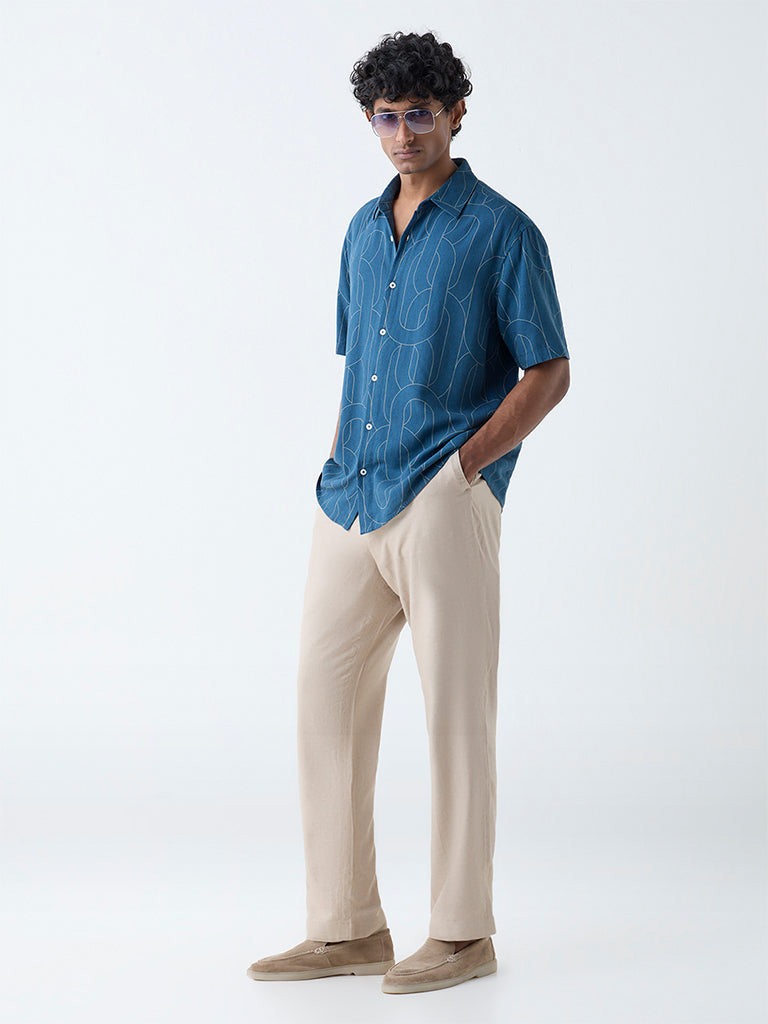 Westside Ascot Men's Teal Abstract Design Relaxed-Fit Shirt for Casual Wear Full View