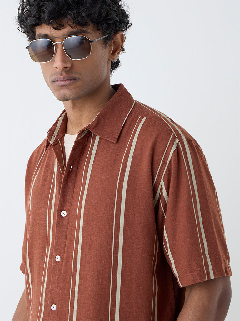 Westside Ascot Men's Rust Stripe Relaxed-Fit Shirt for Casual Wear Zoomed View