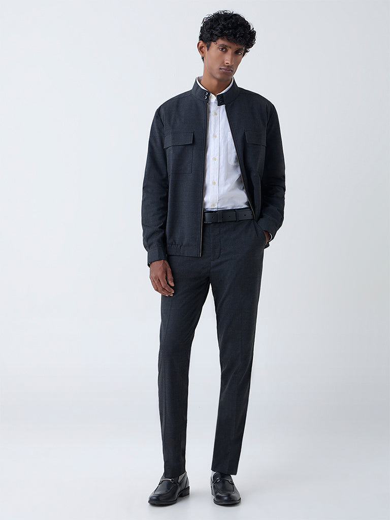 WES Formals Dark Grey Checkered Relaxed-Fit Jacket