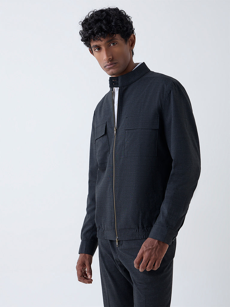 WES Formals Dark Grey Checkered Relaxed-Fit Jacket