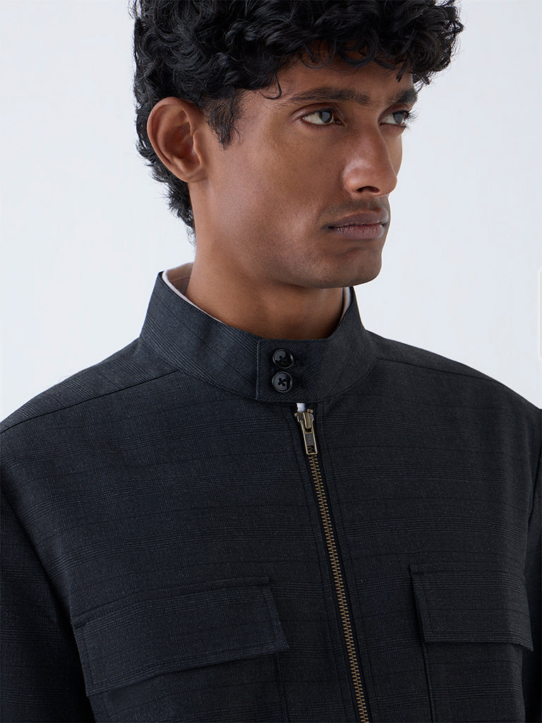 WES Formals Dark Grey Checkered Relaxed-Fit Jacket