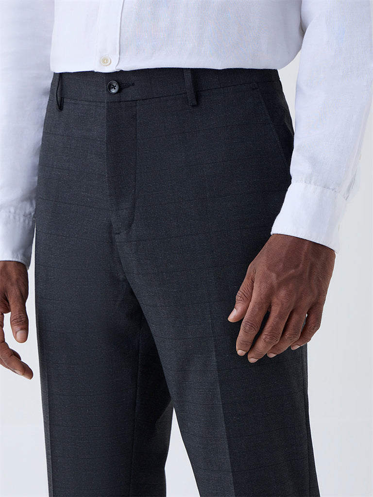 WES Formals Dark Grey Checkered Slim Fit Trousers
