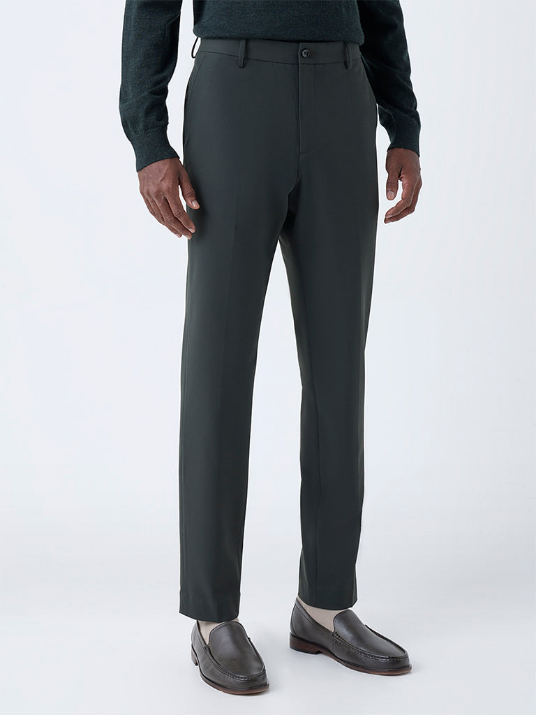 WES Formals Dark Green Solid Slim-Fit Mid-Rise Trousers