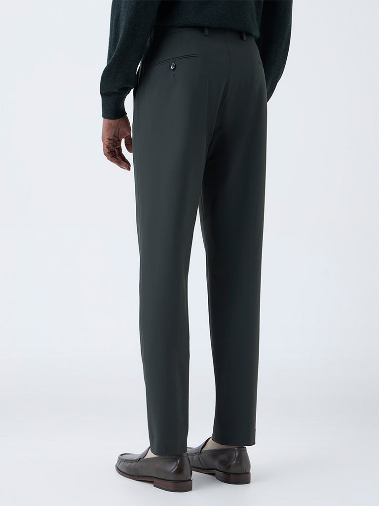 WES Formals Dark Green Solid Slim-Fit Mid-Rise Trousers