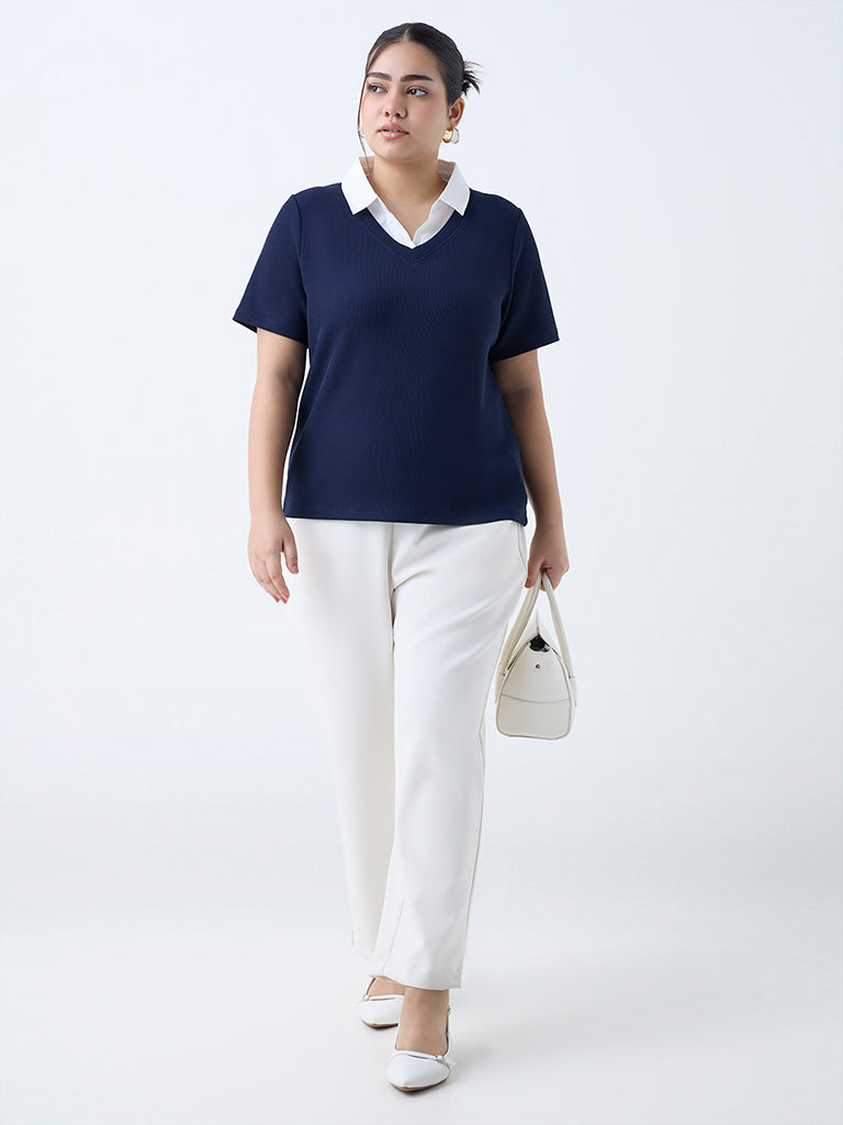 Westside Gia Women's Navy Ribbed-Textured T-Shirt for Casual Wear Front View