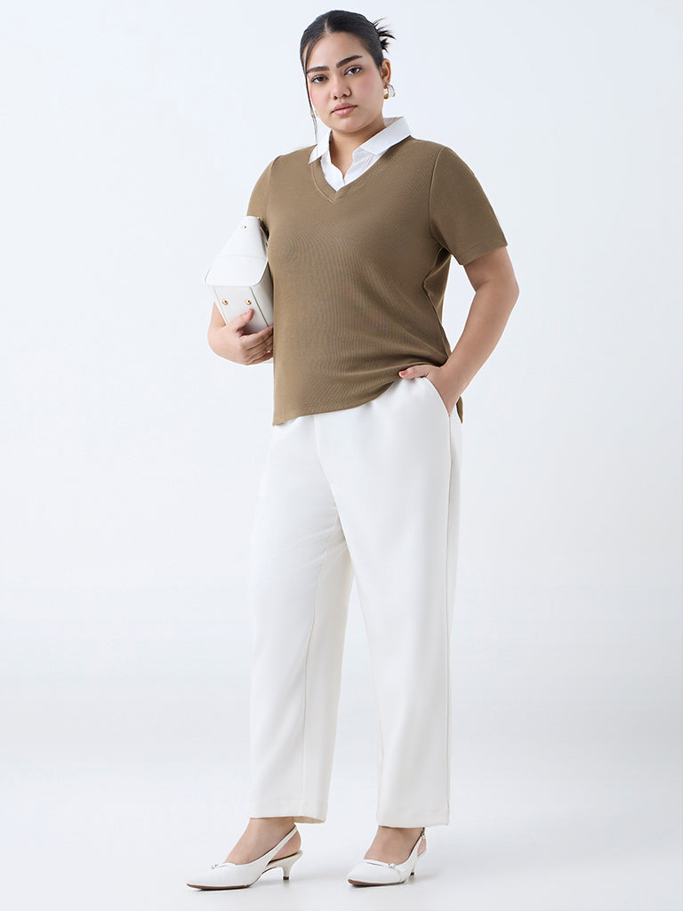 Westside Gia Women's Brown Ribbed-Textured Polo T-Shirt for Casual Wear Front View