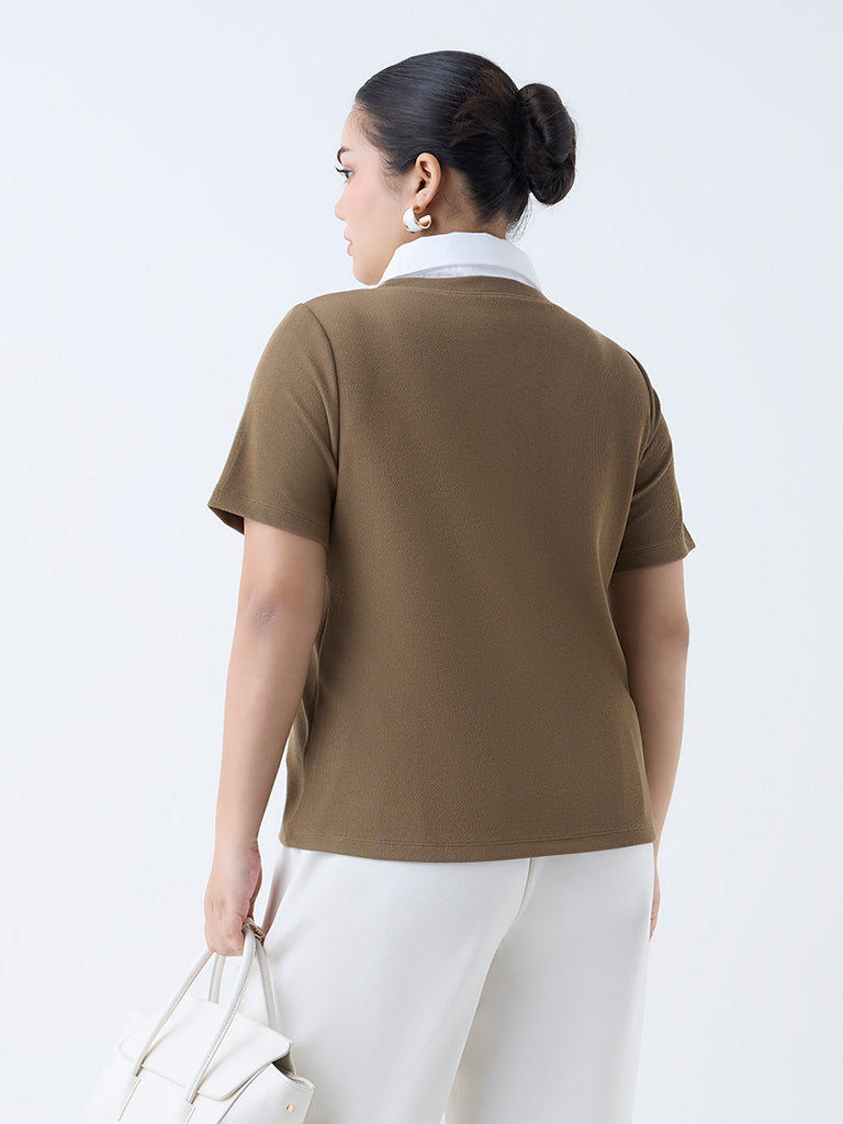 Westside Gia Women's Brown Ribbed-Textured Polo T-Shirt for Casual Wear Back View