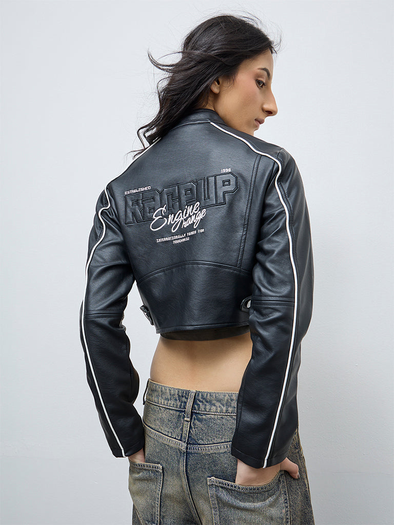 Nuon Black Typographic Faux Leather Jacket