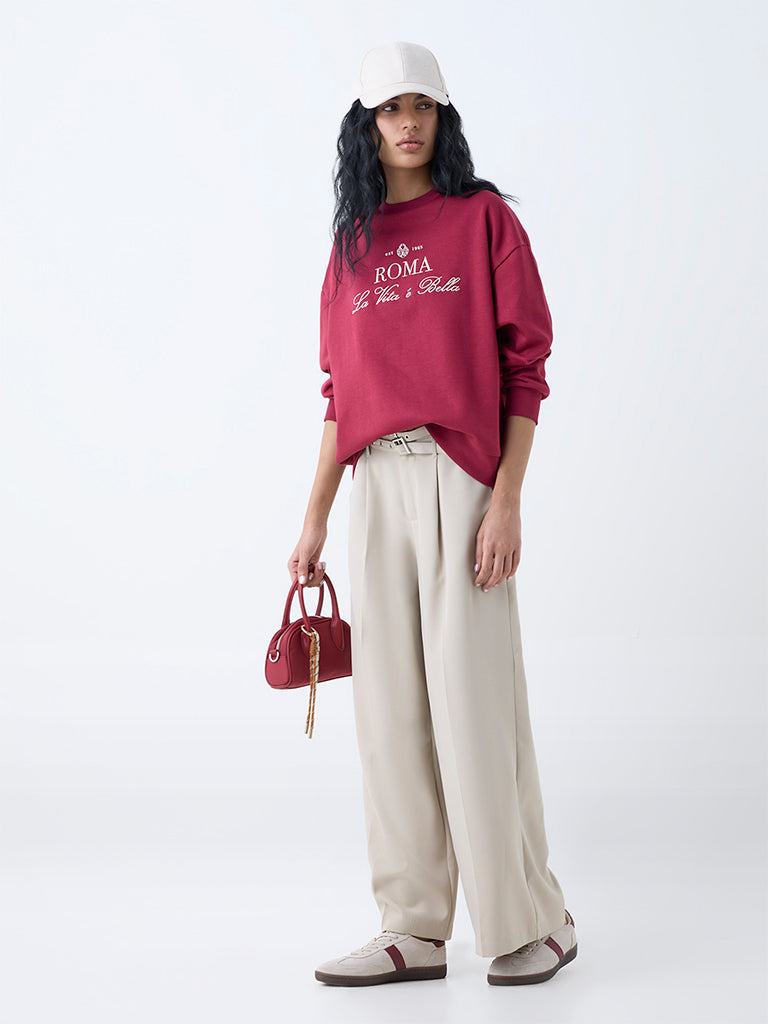 Nuon Red Text Design Cotton-Blend Sweatshirt