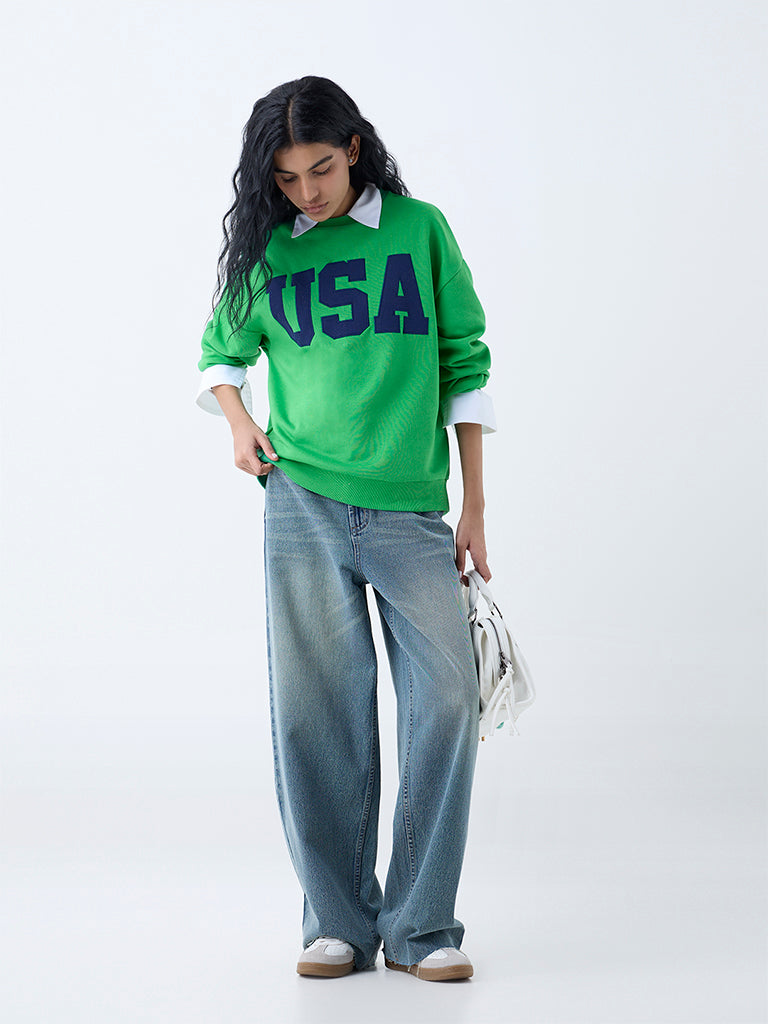 Westside Nuon Women's Green Text Detailed Cotton-Blend Sweatshirt for Winter Wear Full View