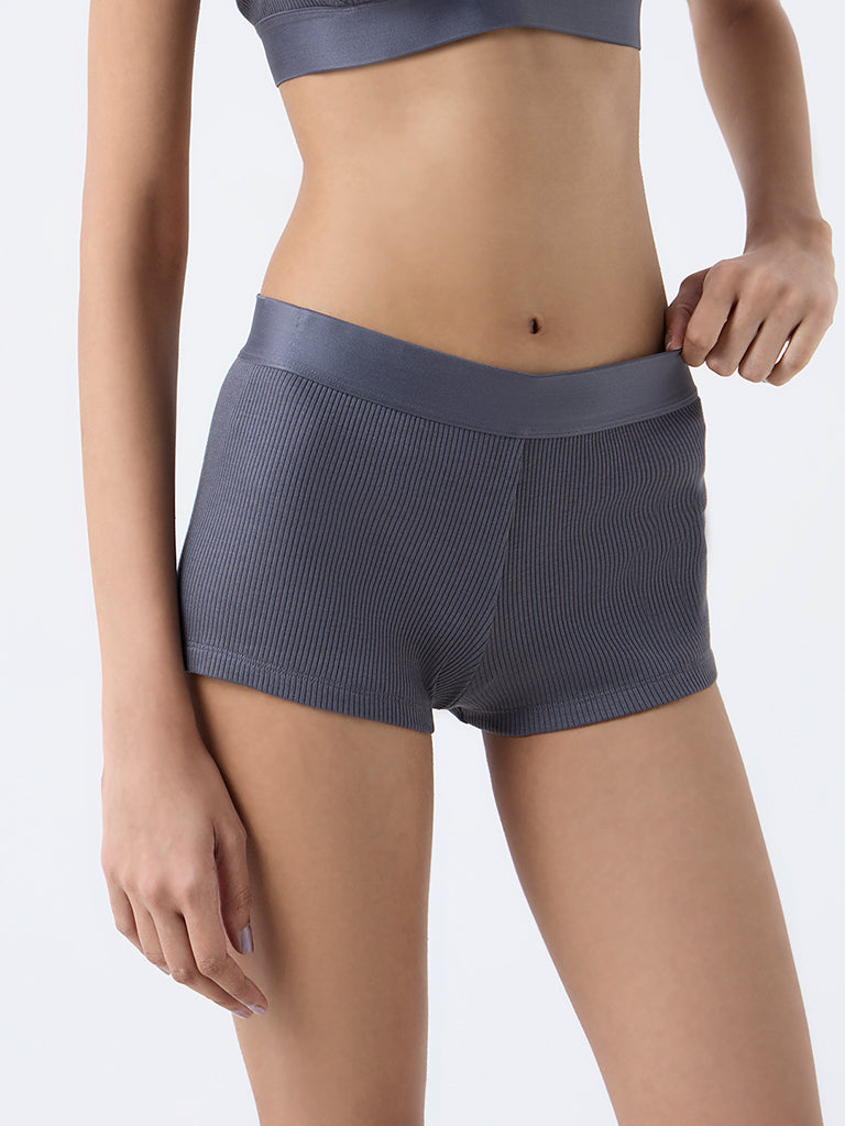 Superstar Charcoal Ribbed-Textured Boy Shorts Briefs