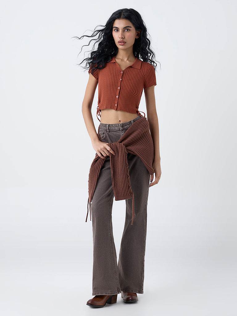 Nuon Brown Ribbed-Textured Top