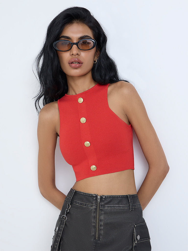 Nuon Red Knit-Textured Crop Top