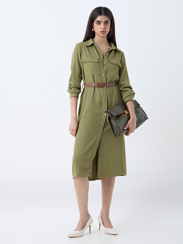 Westside Wardrobe Women's Olive Solid Shirt Dress with Belt for Work Wear Front view