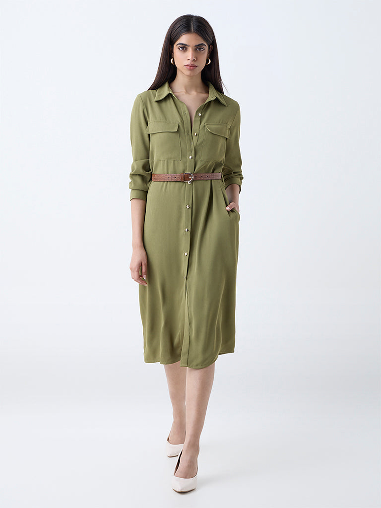 Westside Wardrobe Women's Olive Solid Shirt Dress with Belt for Work Wear Full View