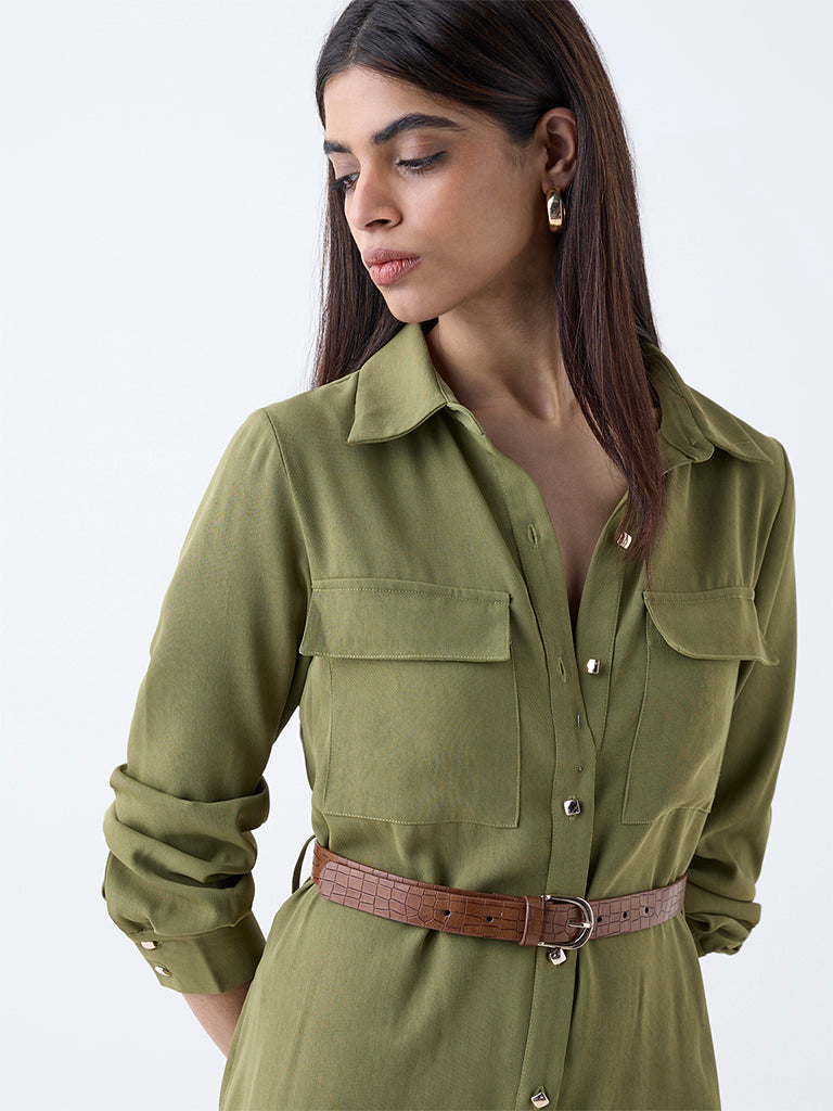 Westside Wardrobe Women's Olive Solid Shirt Dress with Belt for Work Wear Zoomed View
