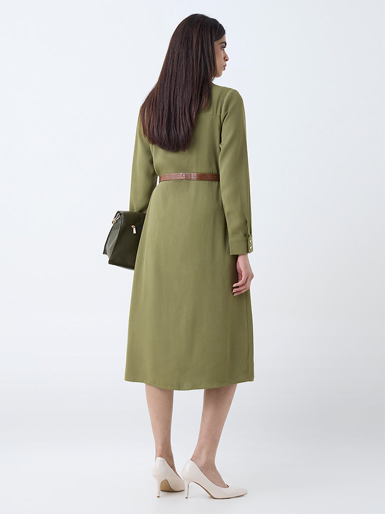 Westside Wardrobe Women's Olive Solid Shirt Dress with Belt for Work Wear Back View