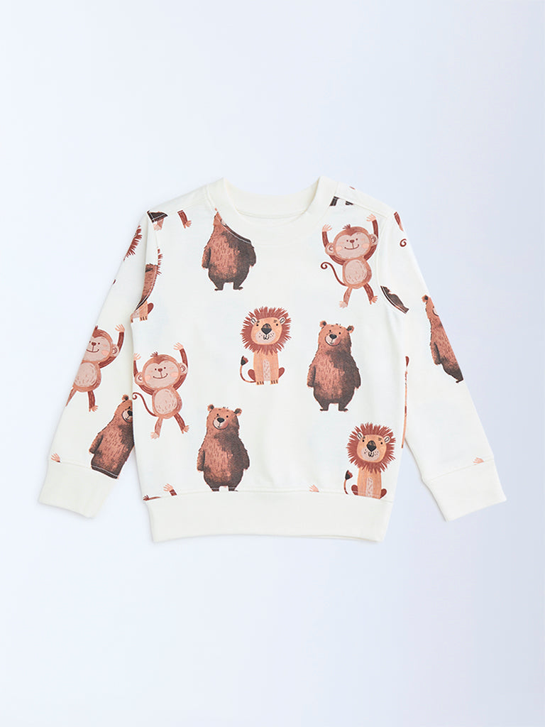 HOP Kids Boys Off-White Animal Printed Cotton-Blend Sweatshirt