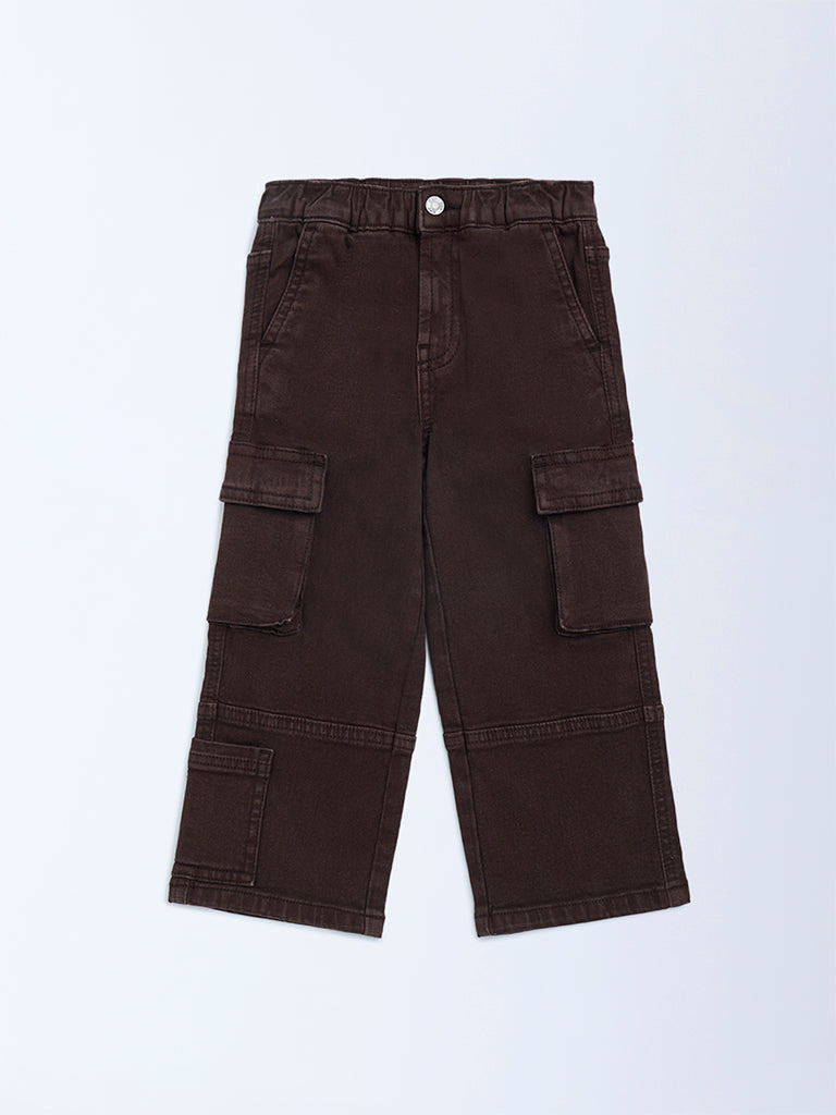 HOP Kids Boys Dark Brown Relaxed-Fit Mid-Rise Cargo Jeans
