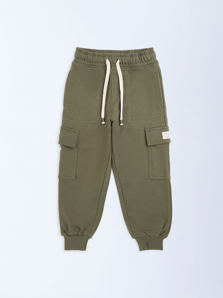 HOP Kids Boys Olive Mid-Rise Cotton-Blend Joggers