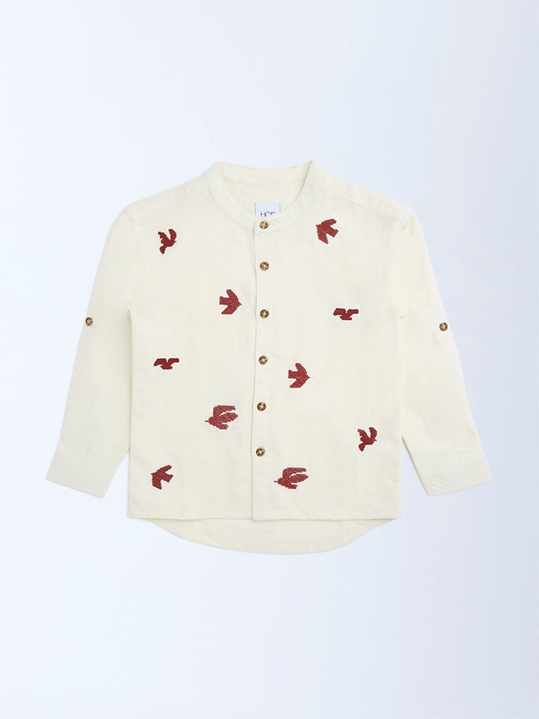 HOP Kids Boys Cream Embroidered Cotton Shirt