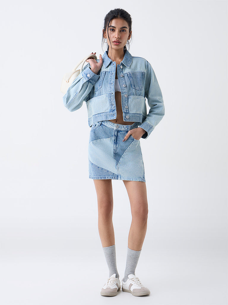 Nuon Blue Colour-Block High-Rise Denim Skirt