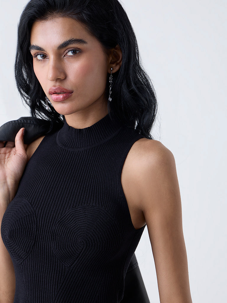 Nuon Black Ribbed-Textured Top