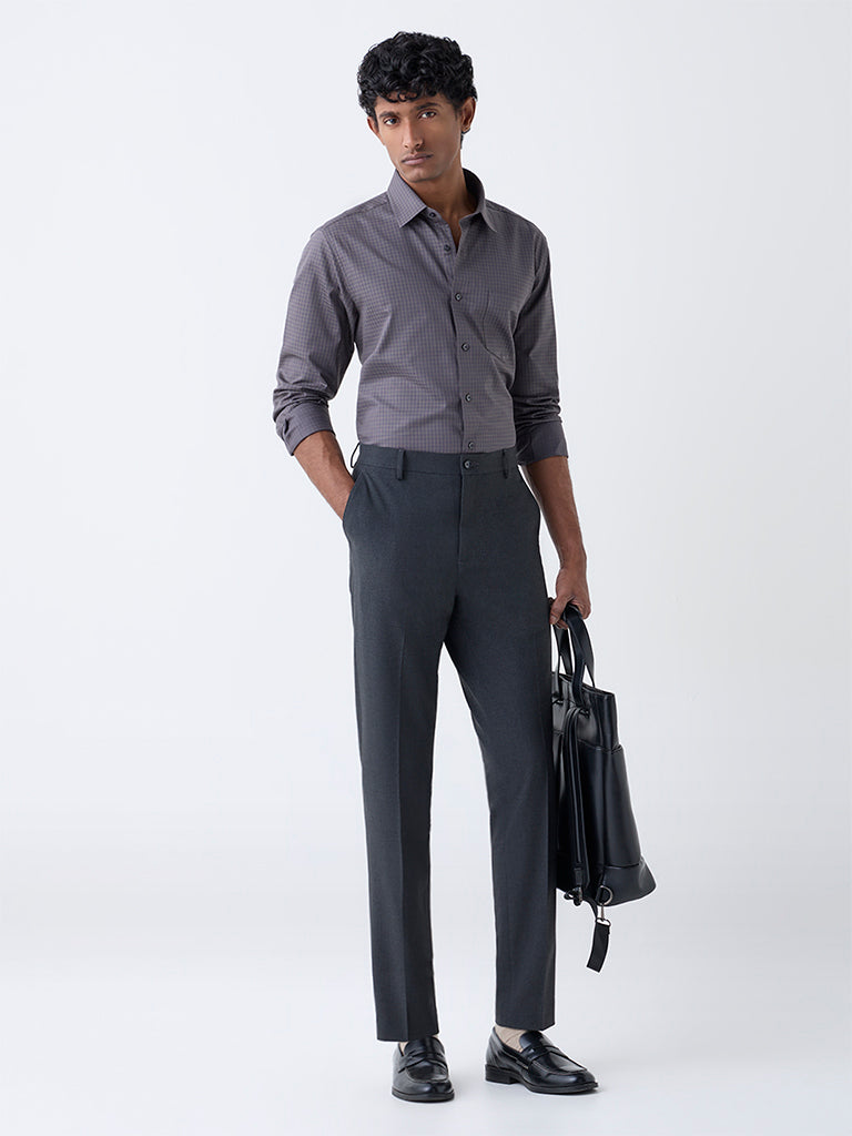 WES Formals Dark Grey Checks Design Slim-Fit Cotton Shirt