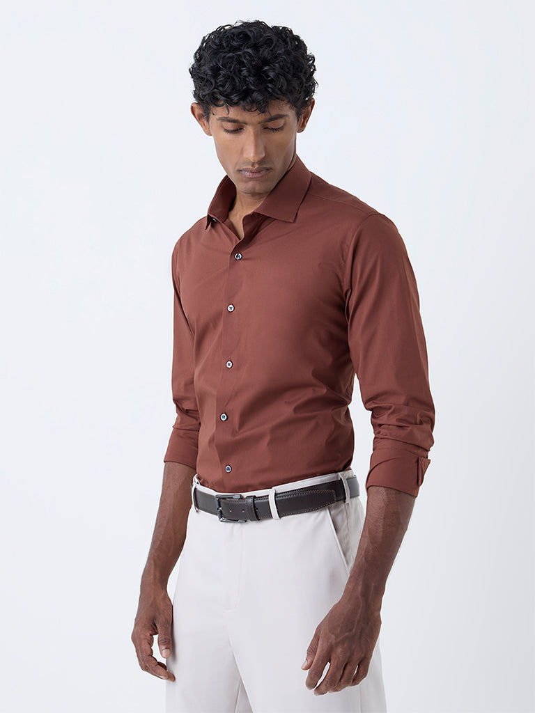 WES Formals Brown Solid Ultra Slim-Fit Cotton-Blend Shirt