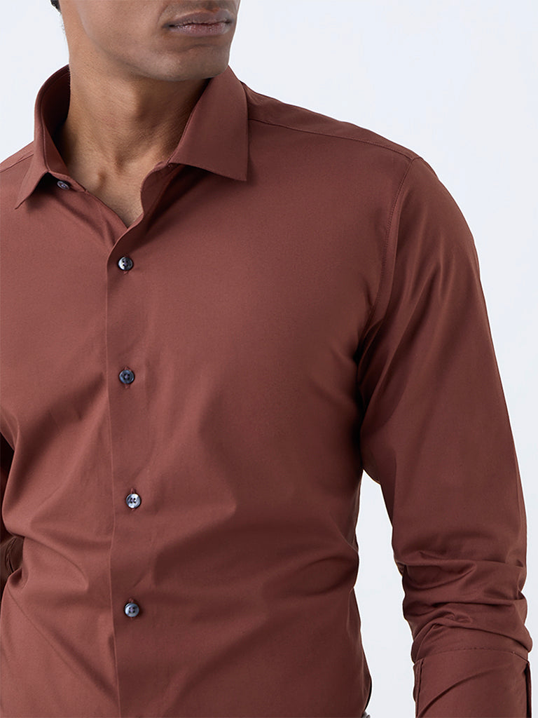 WES Formals Brown Solid Ultra Slim-Fit Cotton-Blend Shirt