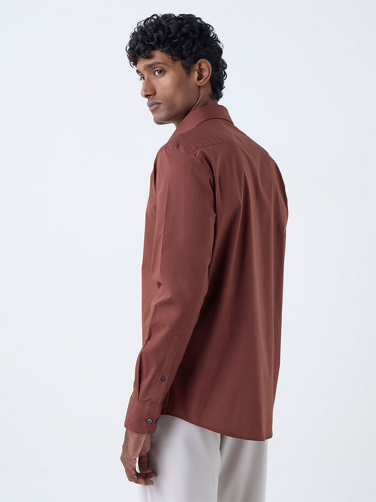 WES Formals Brown Solid Ultra Slim-Fit Cotton-Blend Shirt