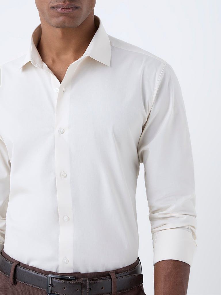 WES Formals Light Beige Cotton Ultra Slim-Fit Shirt