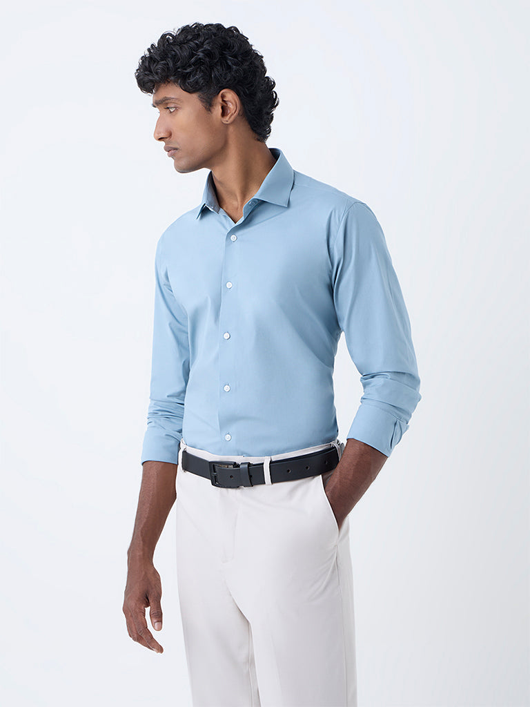 WES Formals Dusty Blue Ultra Slim-Fit Cotton-Blend Shirt