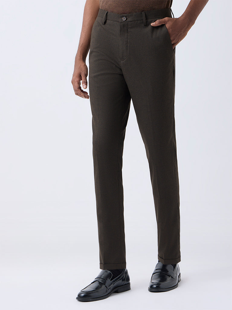 WES Formals Brown Checkered Slim-Fit Mid-Rise Trousers
