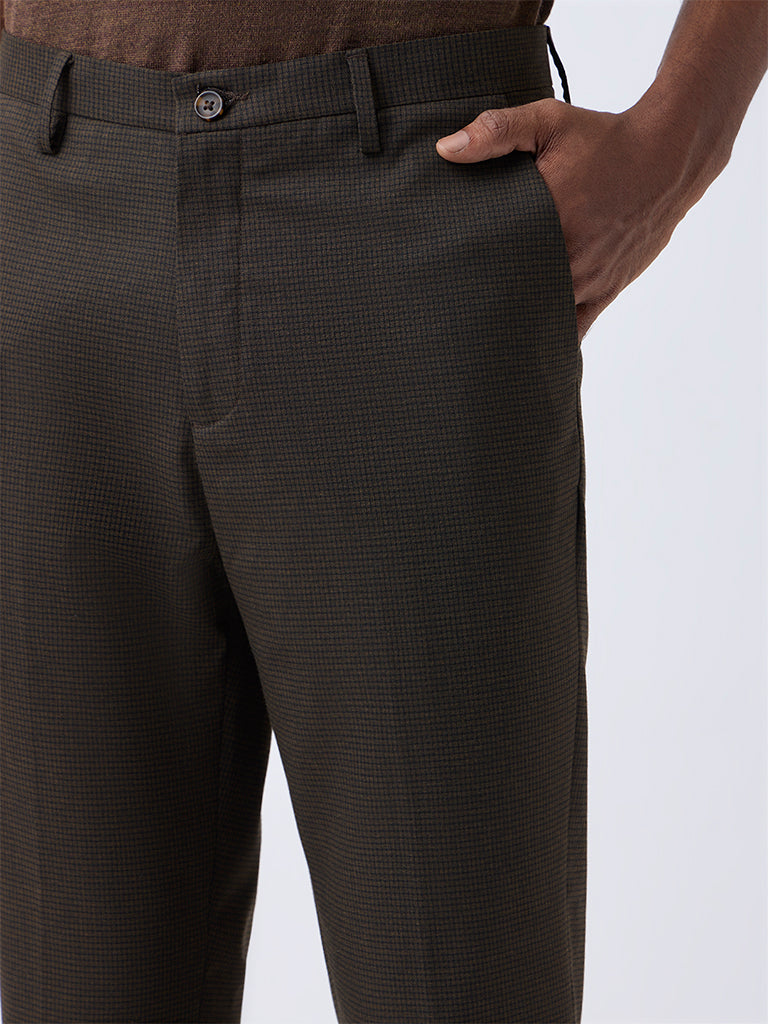 WES Formals Brown Checkered Slim-Fit Mid-Rise Trousers