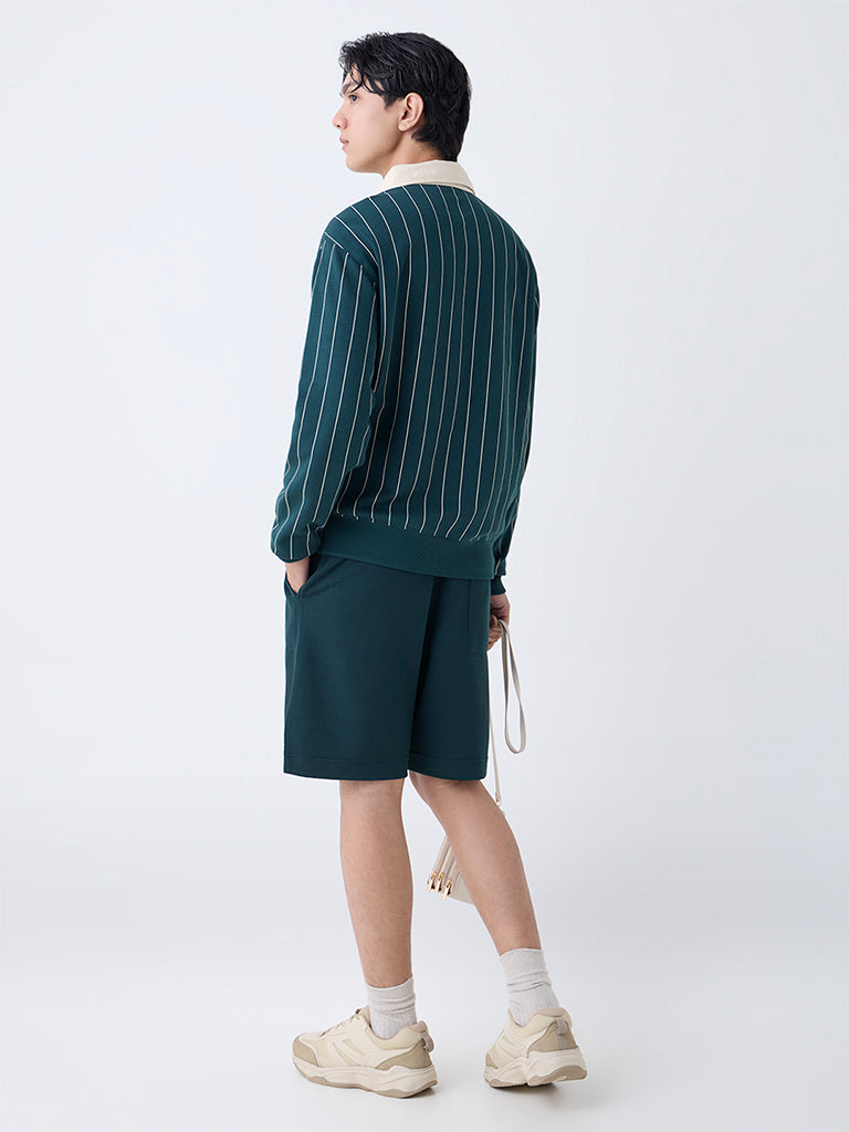 Studiofit Green Solid Relaxed-Fit Mid-Rise Cotton-Blend Shorts