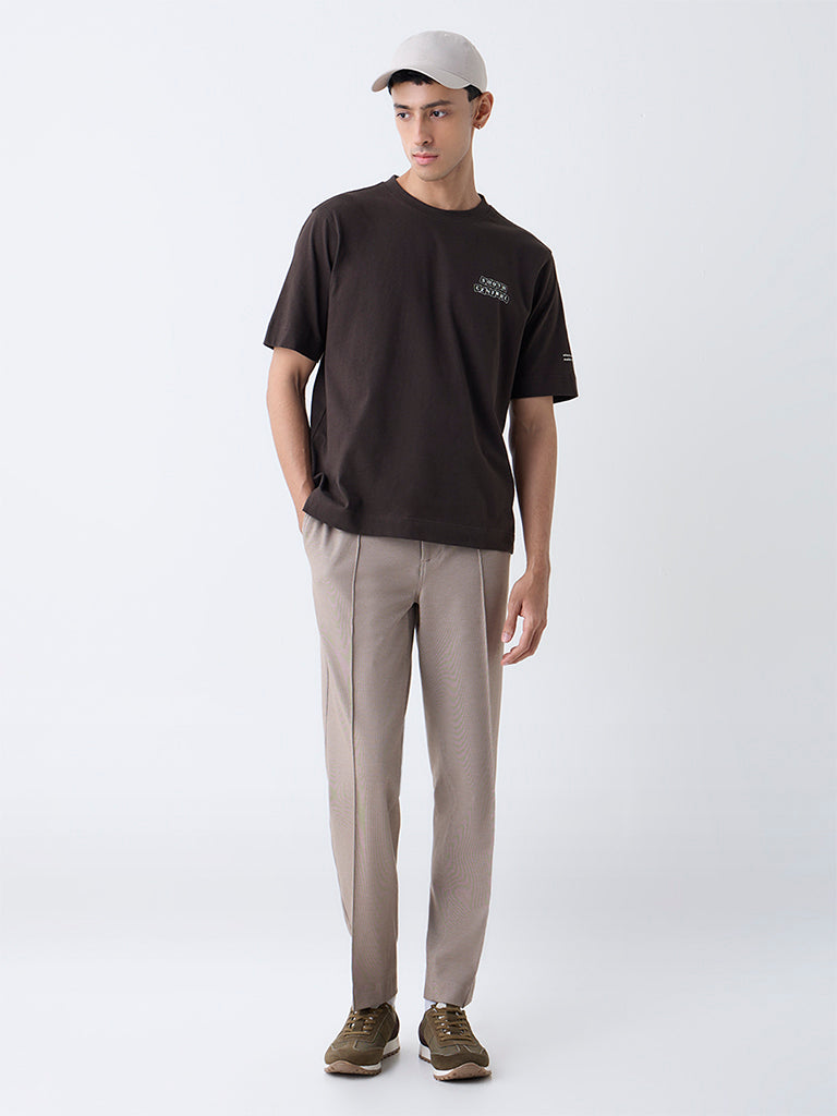 Studiofit Beige Solid Mid-Rise Track Pants