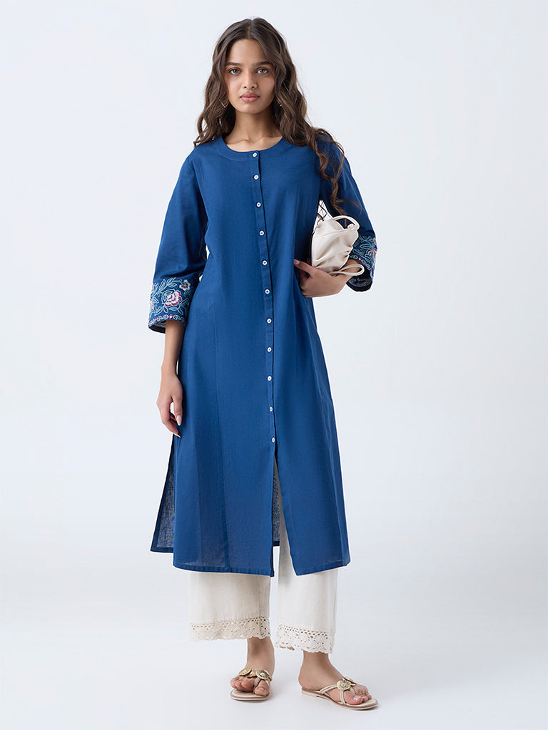 Utsa Blue Floral Embroidered Cotton-Blend A-Line Kurta