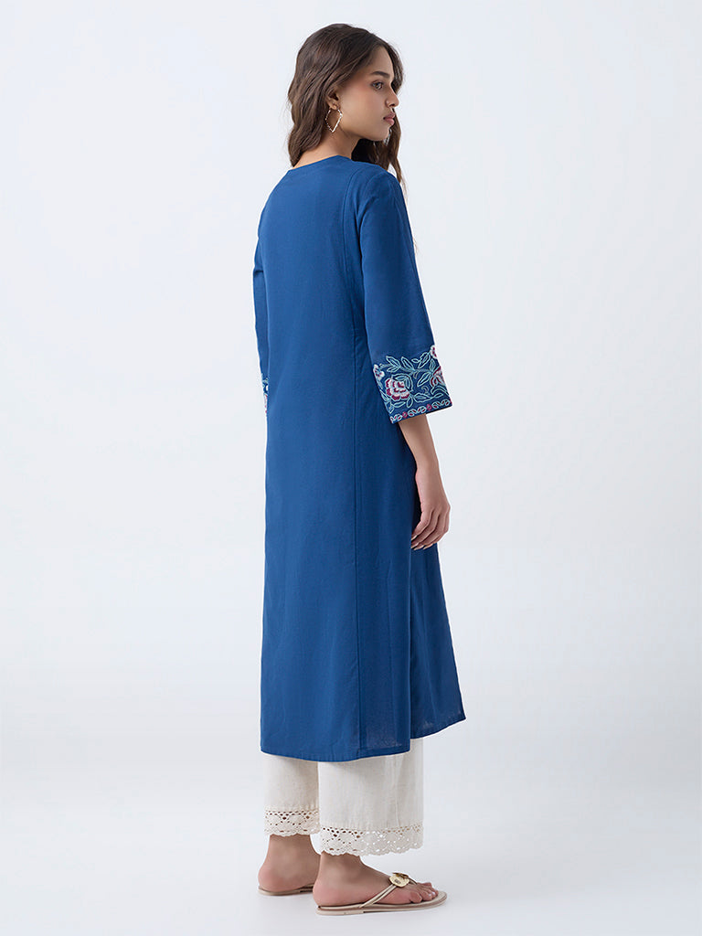 Utsa Blue Floral Embroidered Cotton-Blend A-Line Kurta